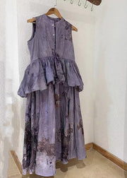 Chic Purple O-Neck Ruffled Patchwork Wrinkled Maxi Dresses Summer