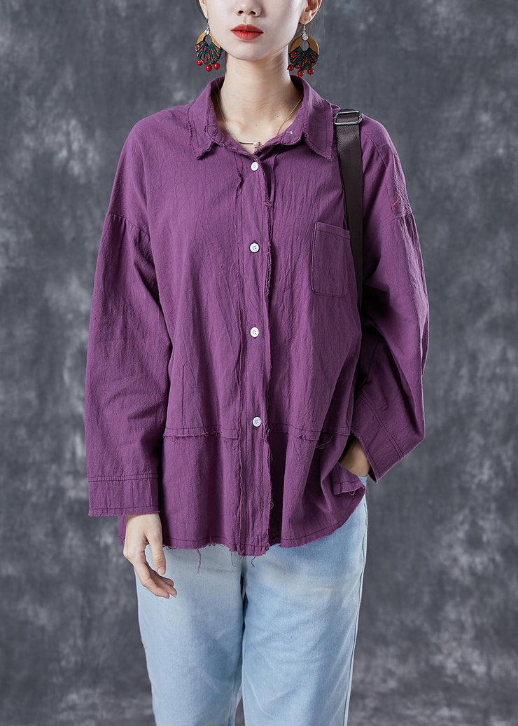 Chic Purple Oversized Patchwork Linen Blouses Summer