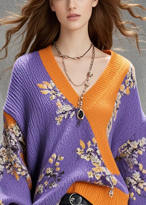 Chic Purple Oversized Print Sweaters Batwing Sleeve