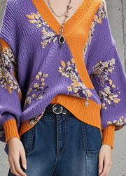 Chic Purple Oversized Print Sweaters Batwing Sleeve