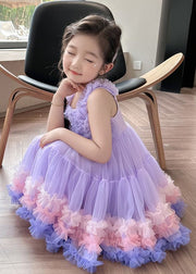 Chic Purple Patchwork Tulle Kids Long Dress Summer