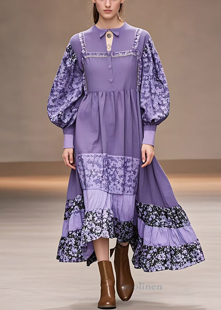 Chic Purple Print Patchwork Cotton Maxi Dresses Long Sleeve