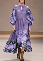 Chic Purple Print Patchwork Cotton Maxi Dresses Long Sleeve