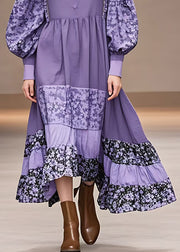 Chic Purple Print Patchwork Cotton Maxi Dresses Long Sleeve