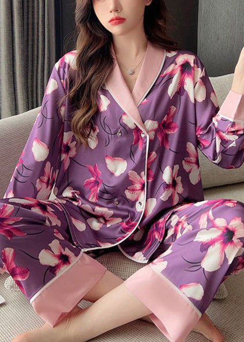 Chic Purple Print Patchwork Ice Silk Pajamas Two Piece Set Spring