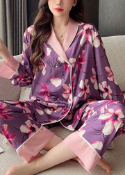 Chic Purple Print Patchwork Ice Silk Pajamas Two Piece Set Spring