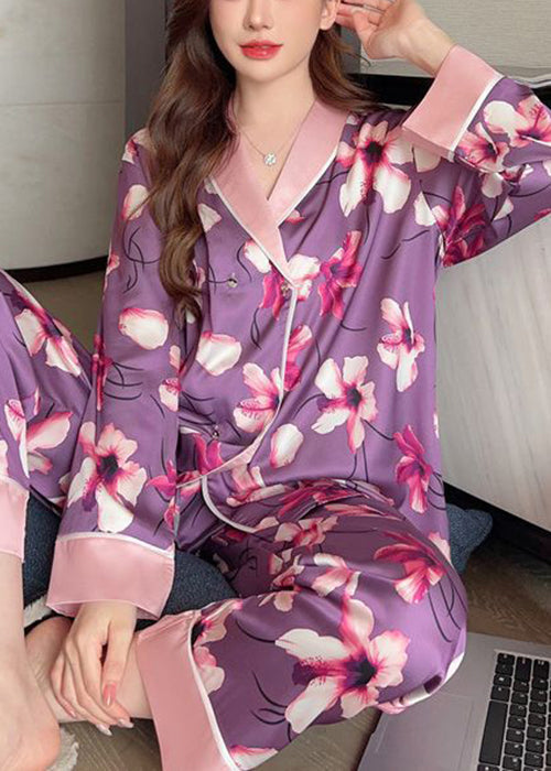 Chic Purple Print Patchwork Ice Silk Pajamas Two Piece Set Spring