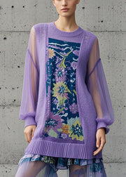 Chic Purple Print Patchwork Tulle Long Sweaters Fall