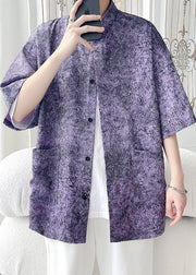 Chic Purple Print Pockets Ice Silk Men Shirt Half Sleeve