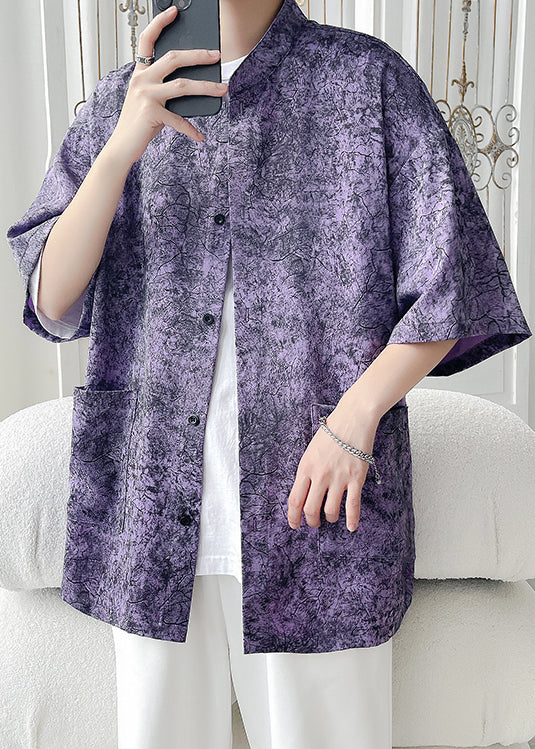 Chic Purple Print Pockets Ice Silk Men Shirt Half Sleeve