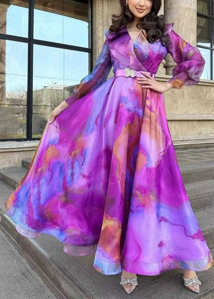 Chic Purple Print Sashes Tulle Patchwork Exra Large Hem Dress Spring