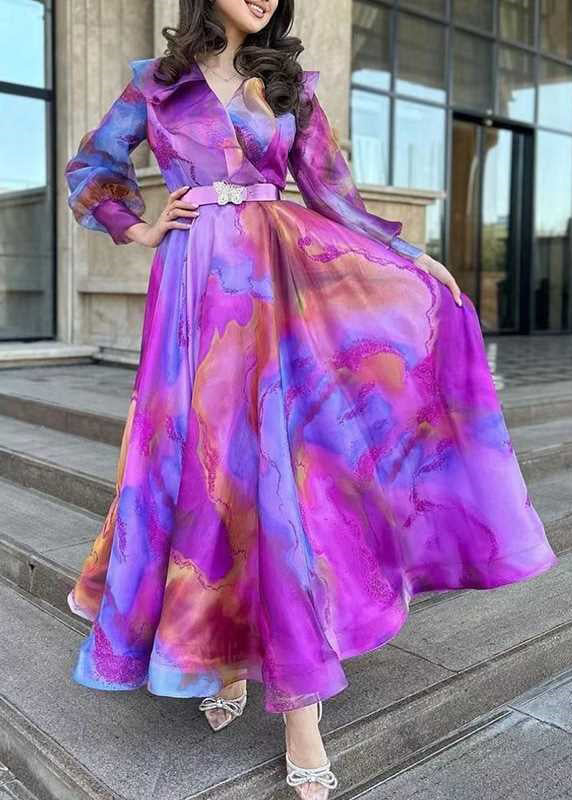 Chic Purple Print Sashes Tulle Patchwork Exra Large Hem Dress Spring