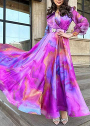 Chic Purple Print Sashes Tulle Patchwork Exra Large Hem Dress Spring