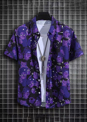 Chic Purple Print Shirt And Shorts Ice Silk Men Two Pieces Set Summer