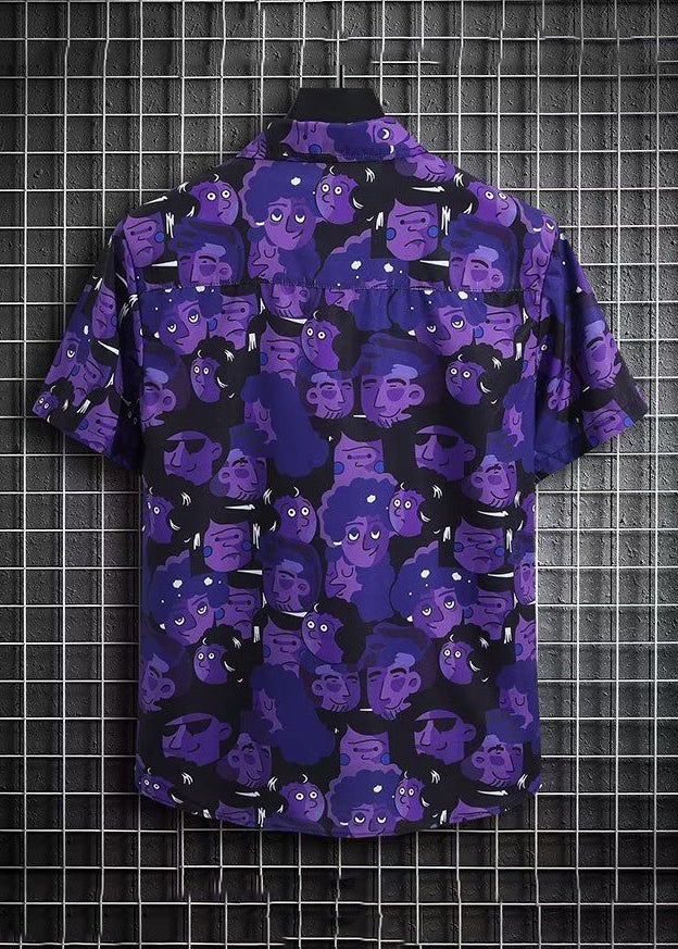 Chic Purple Print Shirt And Shorts Ice Silk Men Two Pieces Set Summer