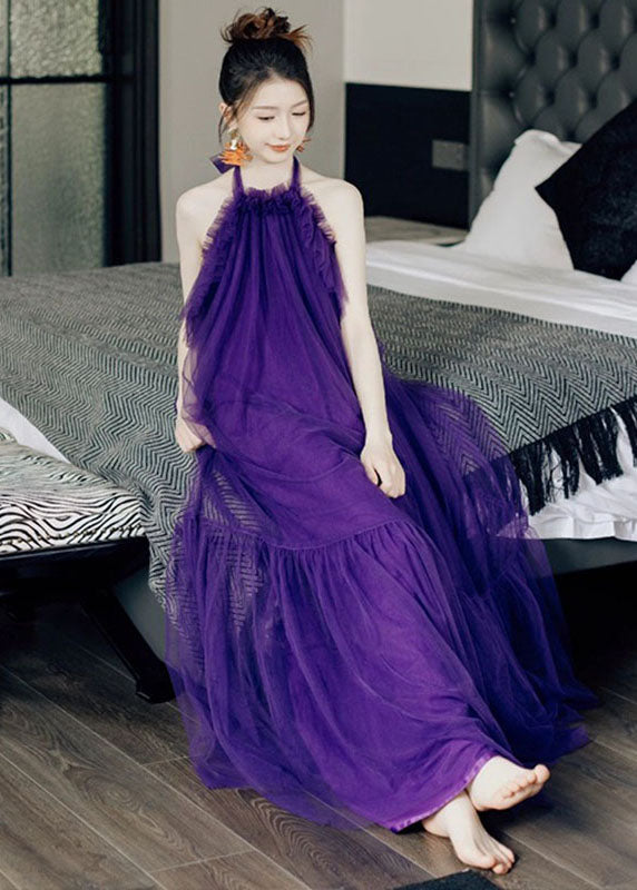 Chic Purple Ruffled Patchwork Halter Tulle Long Dresses Sleeveless