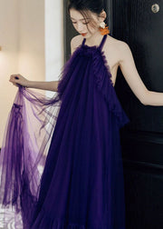 Chic Purple Ruffled Patchwork Halter Tulle Long Dresses Sleeveless