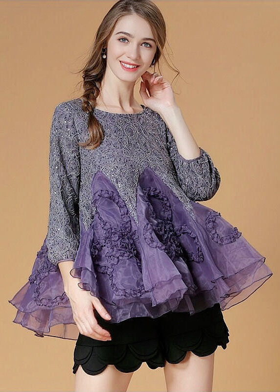 Chic Purple Ruffled Patchwork Organza Shirt Top Bracelet Sleeve