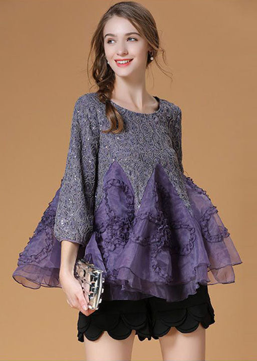 Chic Purple Ruffled Patchwork Organza Shirt Top Bracelet Sleeve