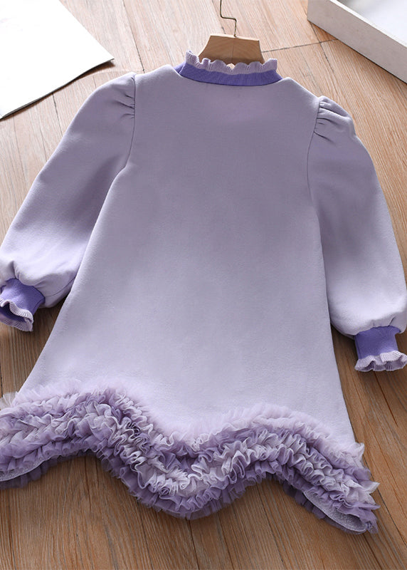 Chic Purple Ruffled Tulle Patchwork Girls Mid Dress Flare Sleeve