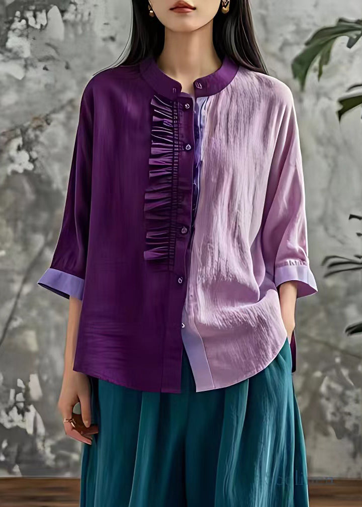 Chic Purple Stand Collar Button Tops Fall