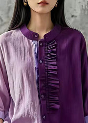 Chic Purple Stand Collar Button Tops Fall
