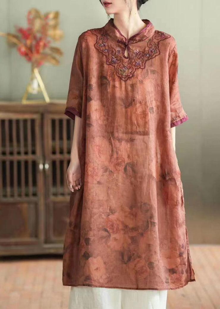 Chic Purple Stand Collar Embroideried Button Linen Long Dress Half Sleeve