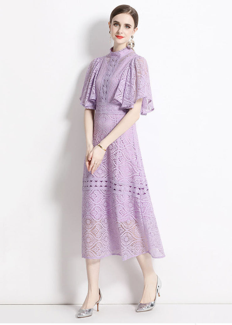 Chic Purple Stand Collar Hollow Out Patchwork Lace Dresses Butterfly Sleeve