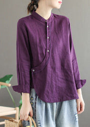 Chic Purple Stand Collar Lace Patchwork Linen Shirt Tops Long Sleeve