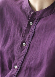 Chic Purple Stand Collar Lace Patchwork Linen Shirt Tops Long Sleeve