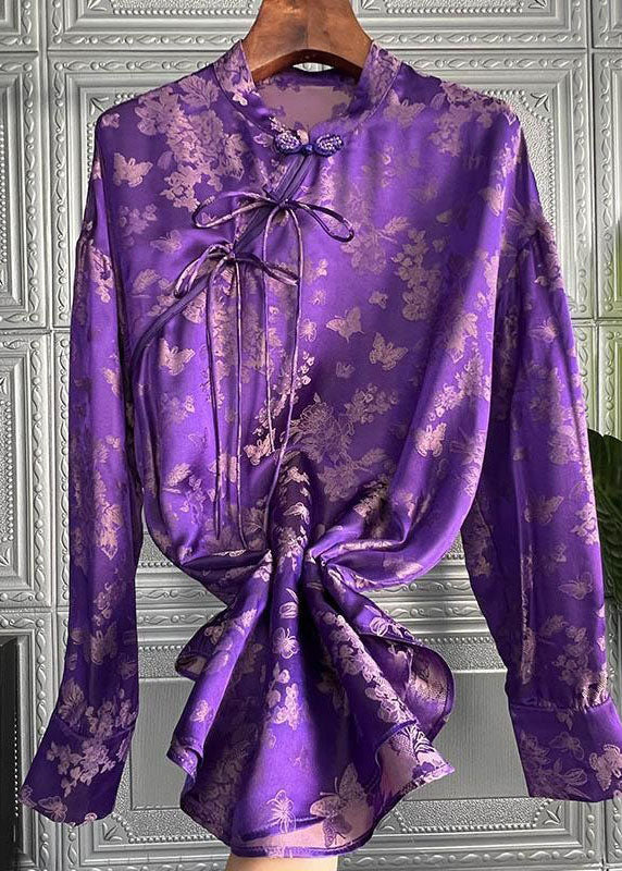 Chic Purple Stand Collar Print Lace Up Silk Shirt Top Spring