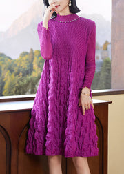 Chic Purple Stand Collar Zircon Wrinkled Mid Dresses Fall