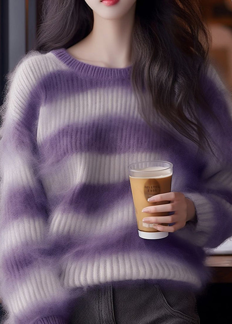 Chic Purple Striped Cozy Ma Hai Mao Sweaters Fall