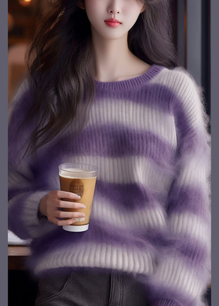 Chic Purple Striped Cozy Ma Hai Mao Sweaters Fall