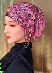 Chic Purple Tassel Zircon Hollow Out Lace Bonnie Hat