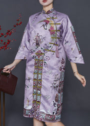 Chic Purple Tasseled Print Silk Cheongsam Dresses Summer