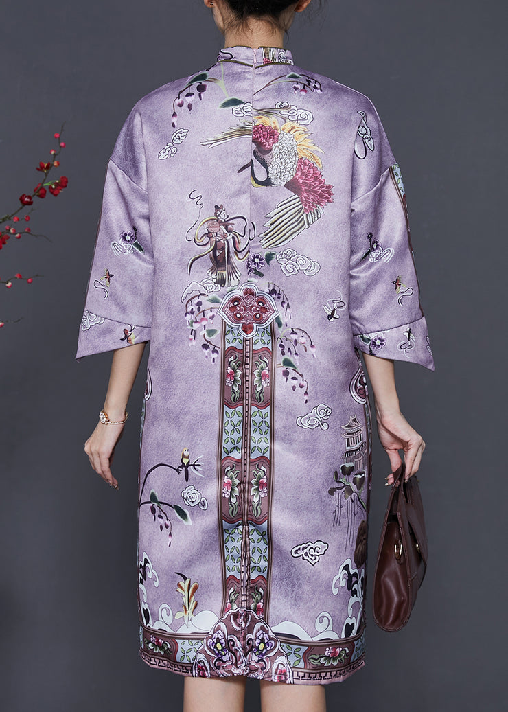 Chic Purple Tasseled Print Silk Cheongsam Dresses Summer