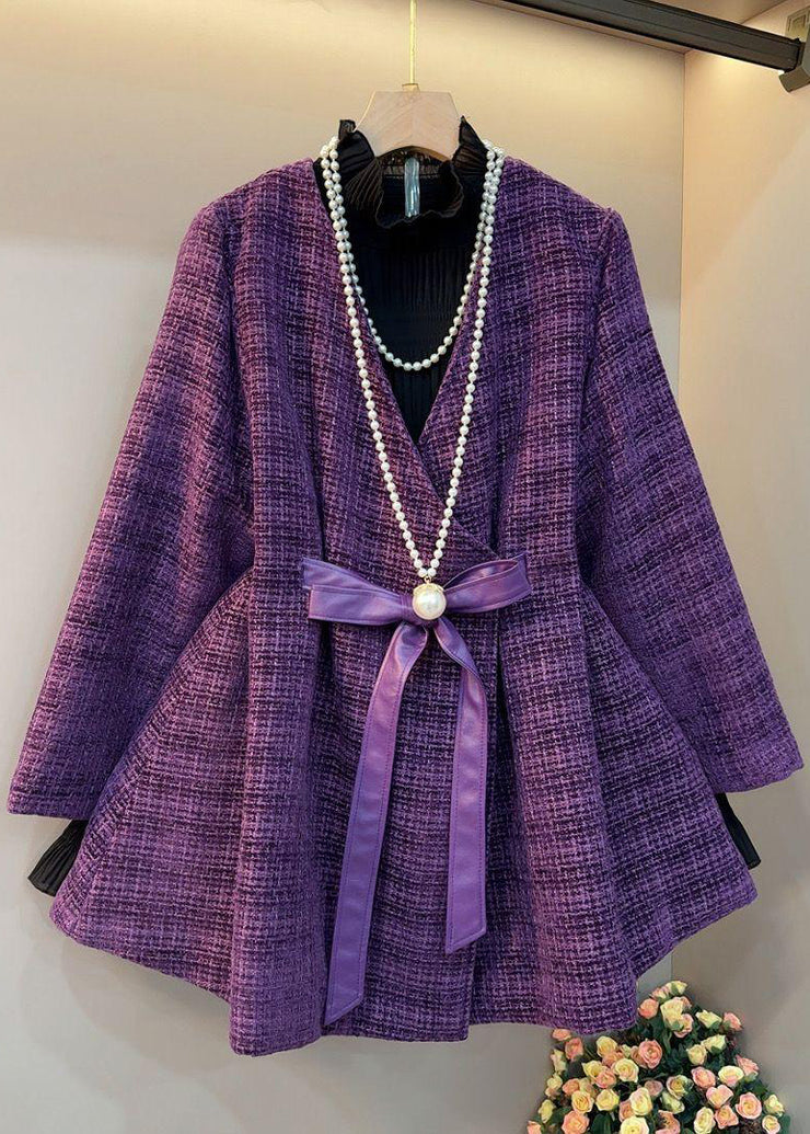 Chic Purple V Neck Bow Thick Woolen Coats Spring