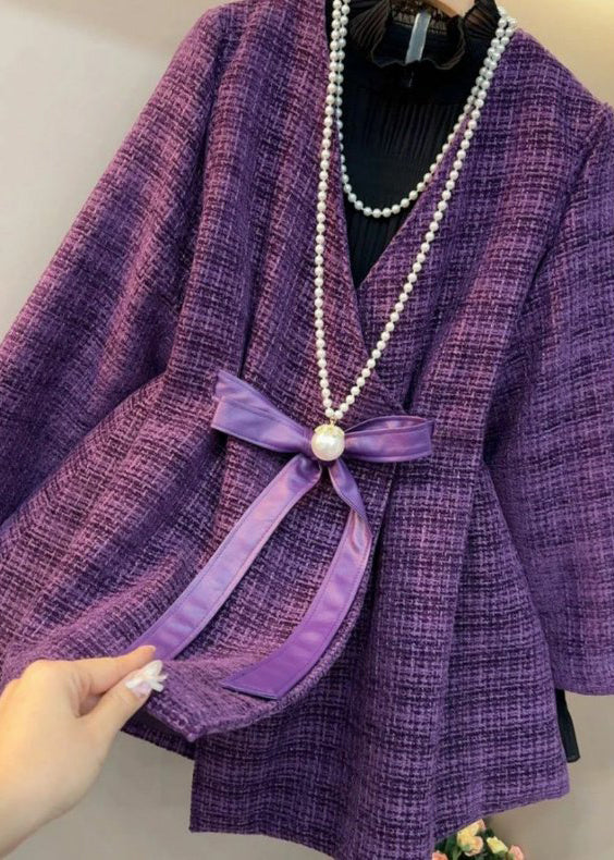 Chic Purple V Neck Bow Thick Woolen Coats Spring