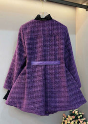 Chic Purple V Neck Bow Thick Woolen Coats Spring