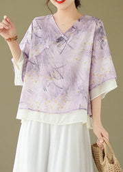 Chic Purple V Neck Button Print Cotton Shirt Flare Sleeve