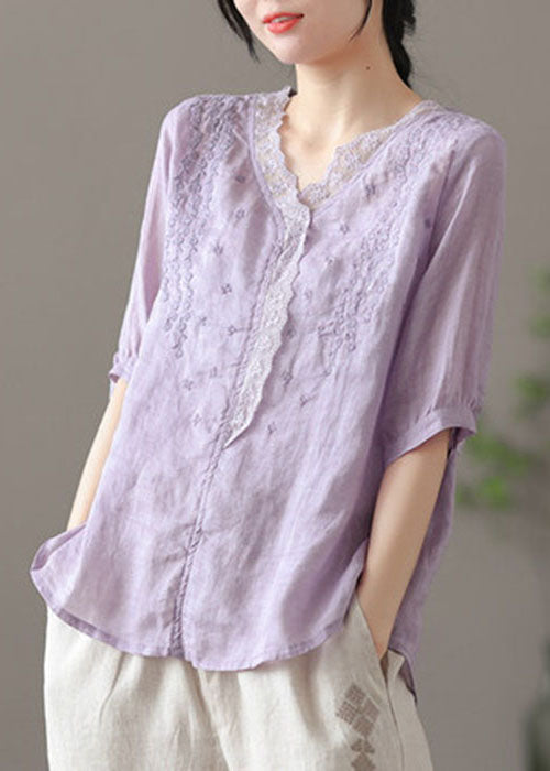 Chic Purple V Neck Embroideried Linen Blouse Tops Half Sleeve