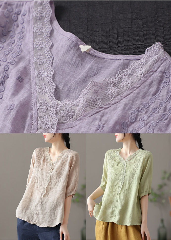 Chic Purple V Neck Embroideried Linen Blouse Tops Half Sleeve