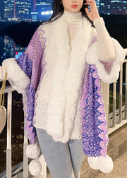 Chic Purple V Neck Fuzzy Ball Patchwork Knit Cape Coats Spring