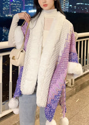 Chic Purple V Neck Fuzzy Ball Patchwork Knit Cape Coats Spring