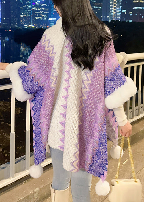 Chic Purple V Neck Fuzzy Ball Patchwork Knit Cape Coats Spring