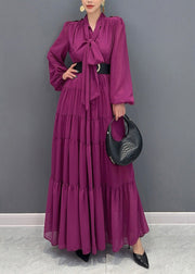 Chic Purple V Neck Patchwork Party Chiffon Long Dress Fall