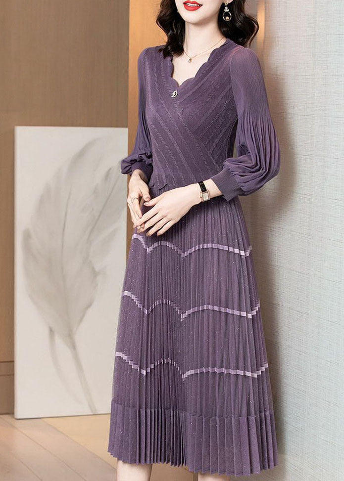 Chic Purple V Neck Patchwork Silk Pleated Dress Long Sleeve