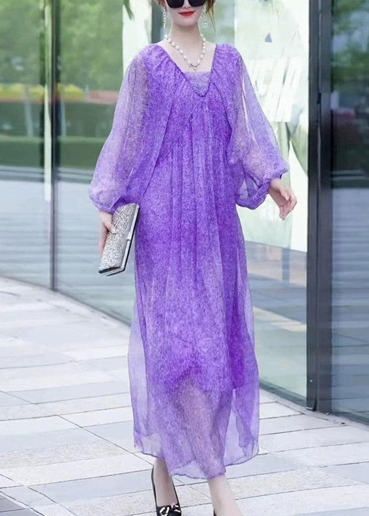 Chic Purple V Neck Print Chiffon Long Dresses Lantern Sleeve