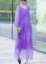 Chic Purple V Neck Print Chiffon Long Dresses Lantern Sleeve